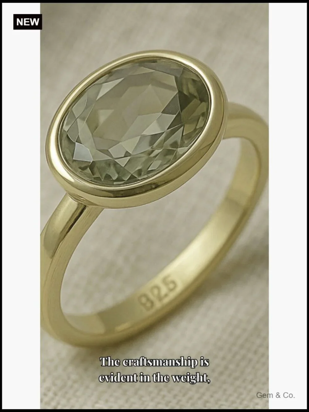 925 Sterling Silver 3-Micron Gold Plated Oval Bezel Ring Natural Prasiolite